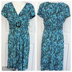 NWT Studio I Turquoise Blue Multi Print Ruched Empire Waist Dress 12